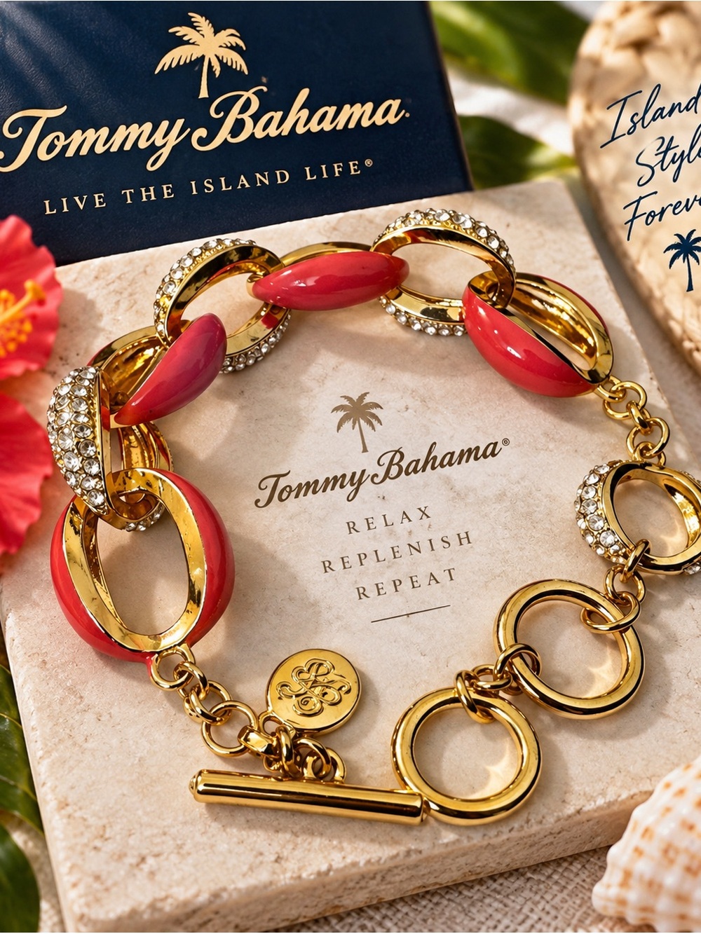 Tommy Bahama Gold and Coral Link Statement Bracelet
